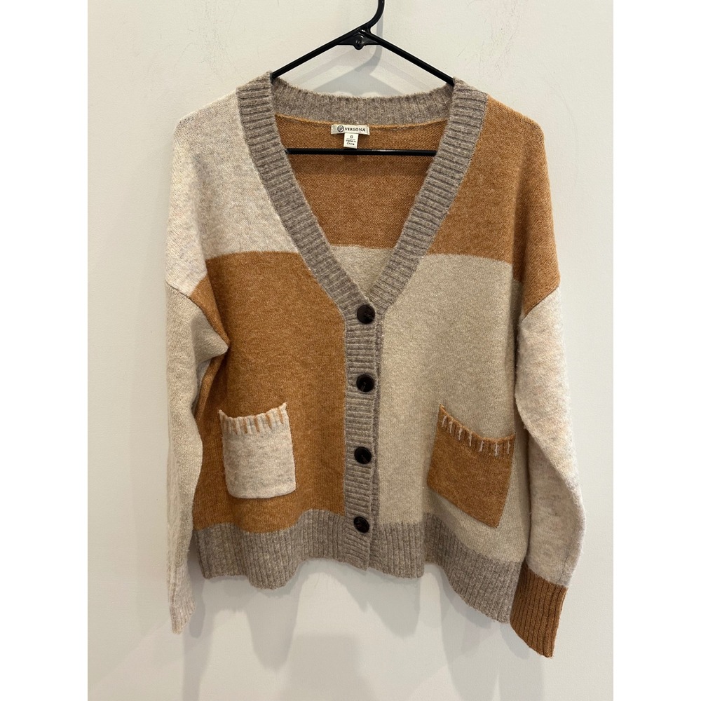 Versona Colorblock Cardigan Sweater Womens Small Tan Cream V-Neck Button Up